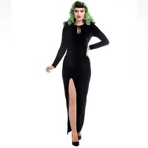 Collectif Vintage Billa Black Long Sleeve Velvet Dress with Front Slit Pinup